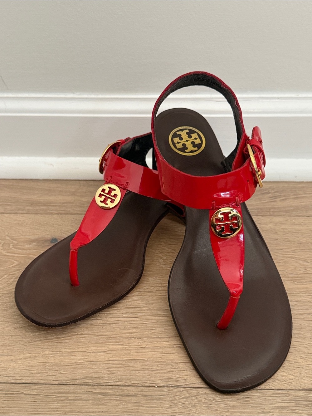 Tory Burch Red Patent Leather T-Strap Sandals with Gold Logo
